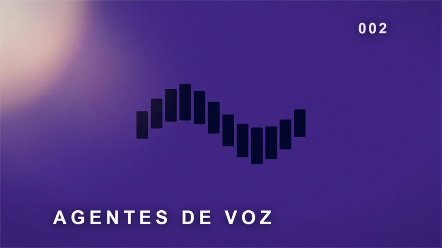 Agentes de voz: onda de audio vertical sobre fondo violeta oscuro.