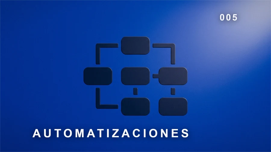 Automatizaciones: diagrama de bloques conectados sobre fondo azul profundo.