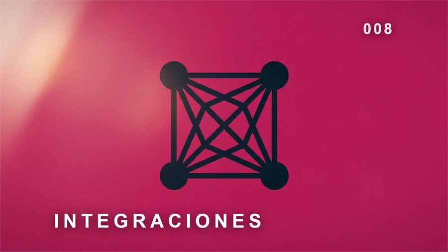Integraciones: cuatro nodos conectados entre sí sobre fondo ciruela.