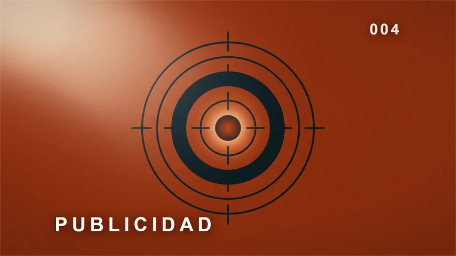 Publicidad: círculos concéntricos de segmentación sobre fondo terracota.