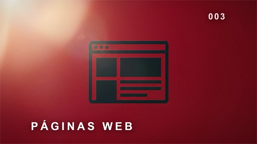 Páginas web: maqueta de una página con su cabecera, bloque principal y botón, sobre fondo carmesí.