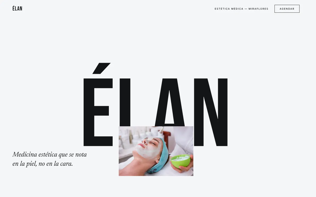 Web de ÉLAN: titular del tamaño de la pantalla junto a la fotografía de una clínica de estética médica.