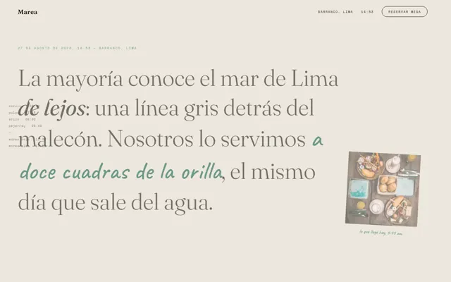 Web de MAREA: página editorial con una foto de mariscos del día.